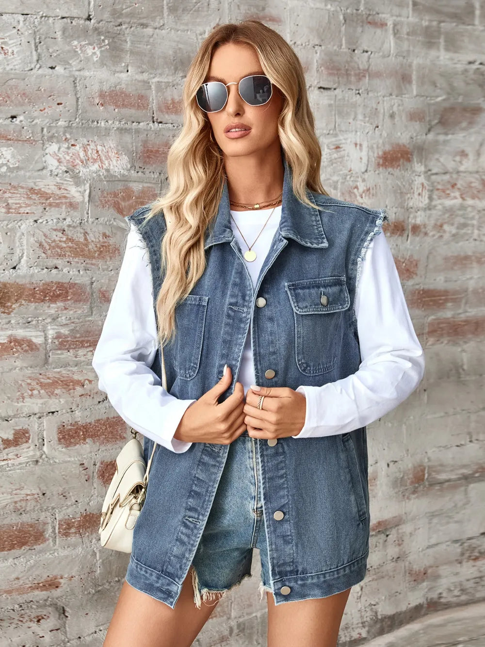 Raw Hem Sleeveless Button Up Denim Jacket 
