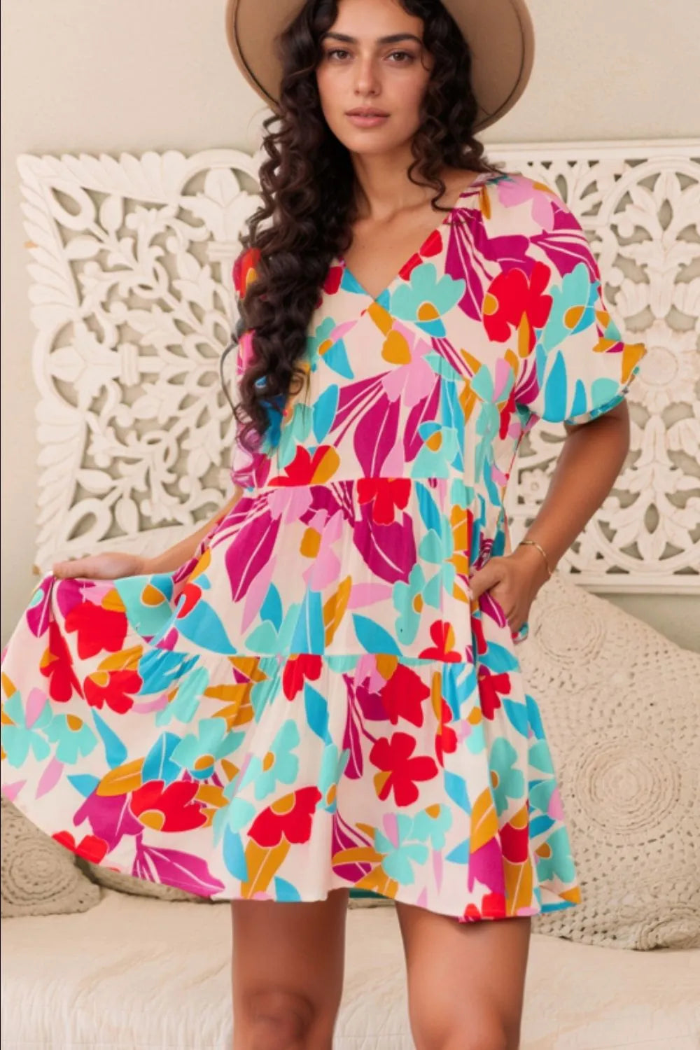 Floral Bubble Sleeve V Neck Tiered Ruffle Babydoll Dress 