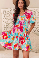 Floral Bubble Sleeve V Neck Tiered Ruffle Babydoll Dress 