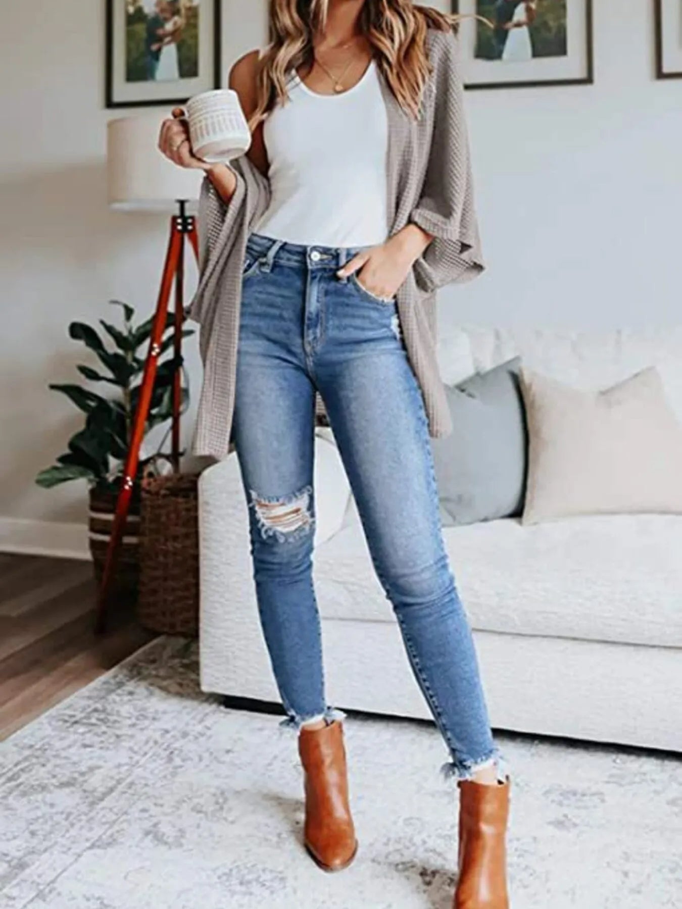 Full Size Open Front Waffle Knit Cardigan Plus Size 