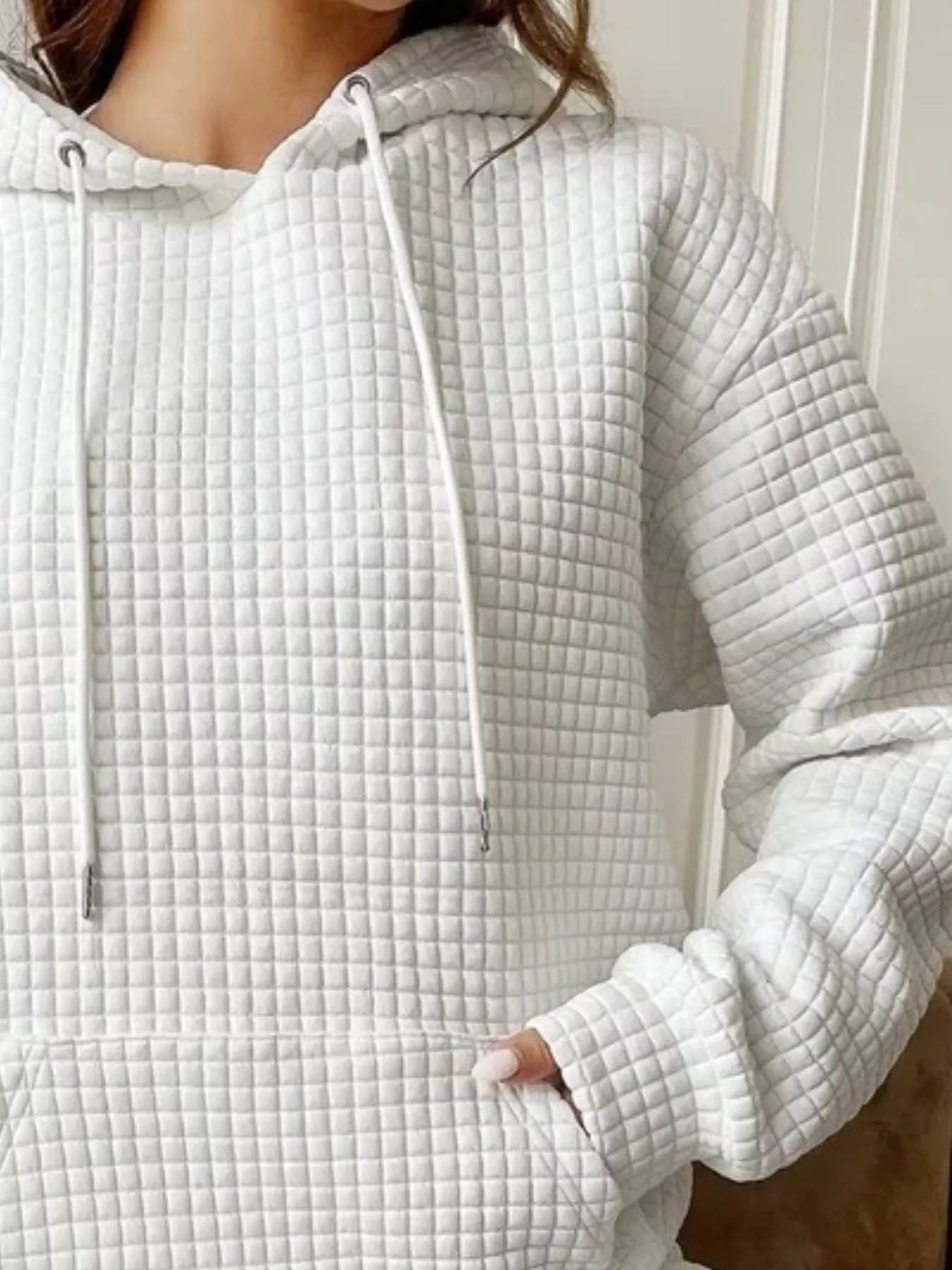 Waffle Knit Hoodie with Drawstring Details 