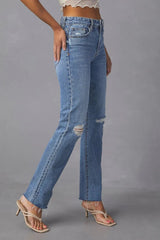 Distressed Raw Hem Straight Jeans with Pockets 