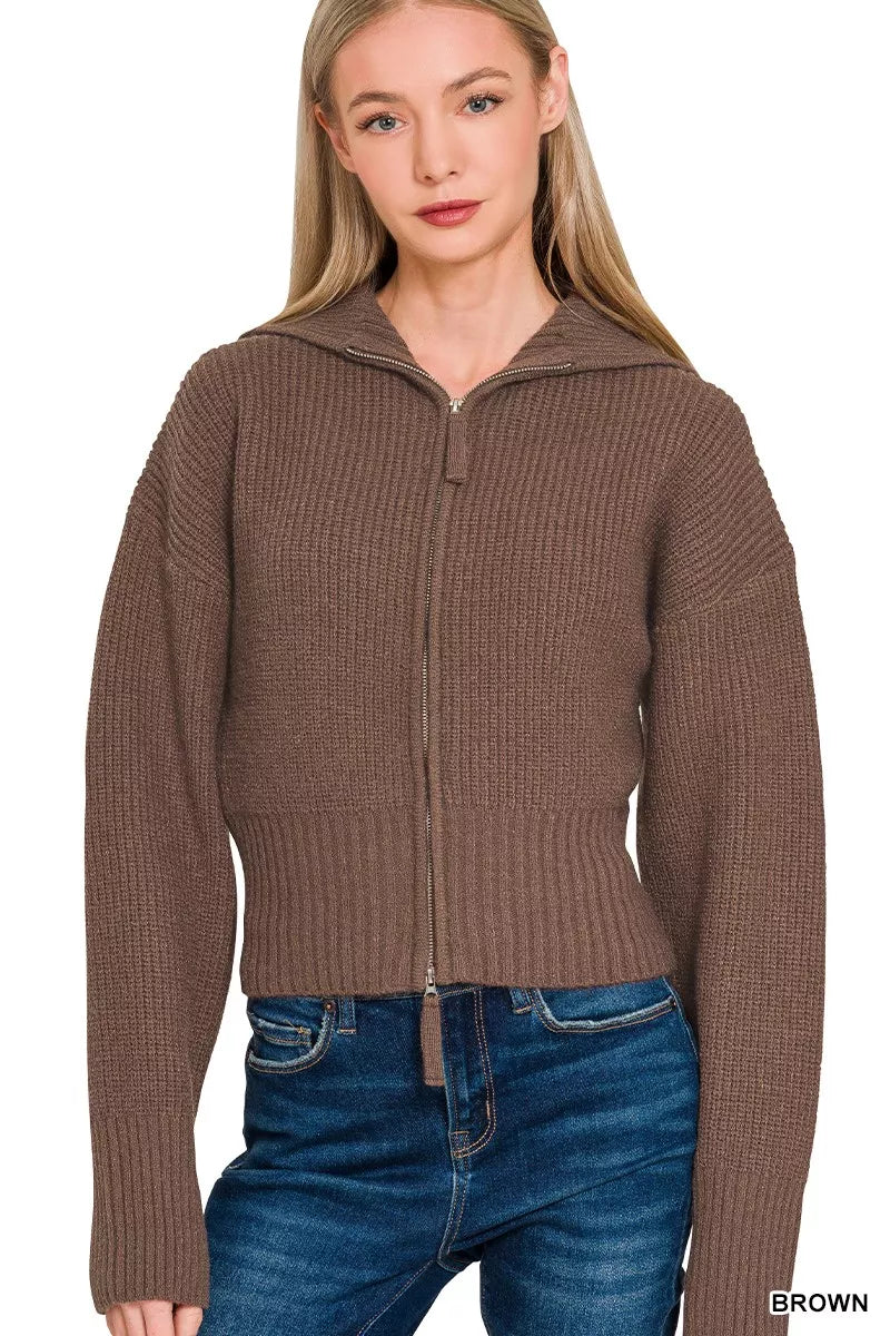 Zenana Ribbed Collared Zip Up Sweater Cardigan 