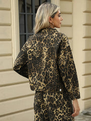 Pocketed Leopard Long Sleeve Denim Jacket 