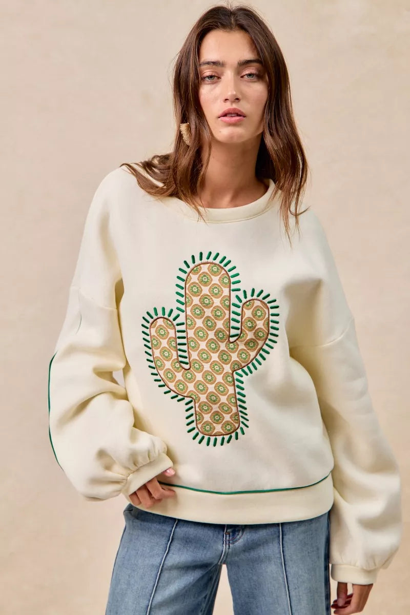 BiBi Cactus Embroidered Fleece Sweatshirt 