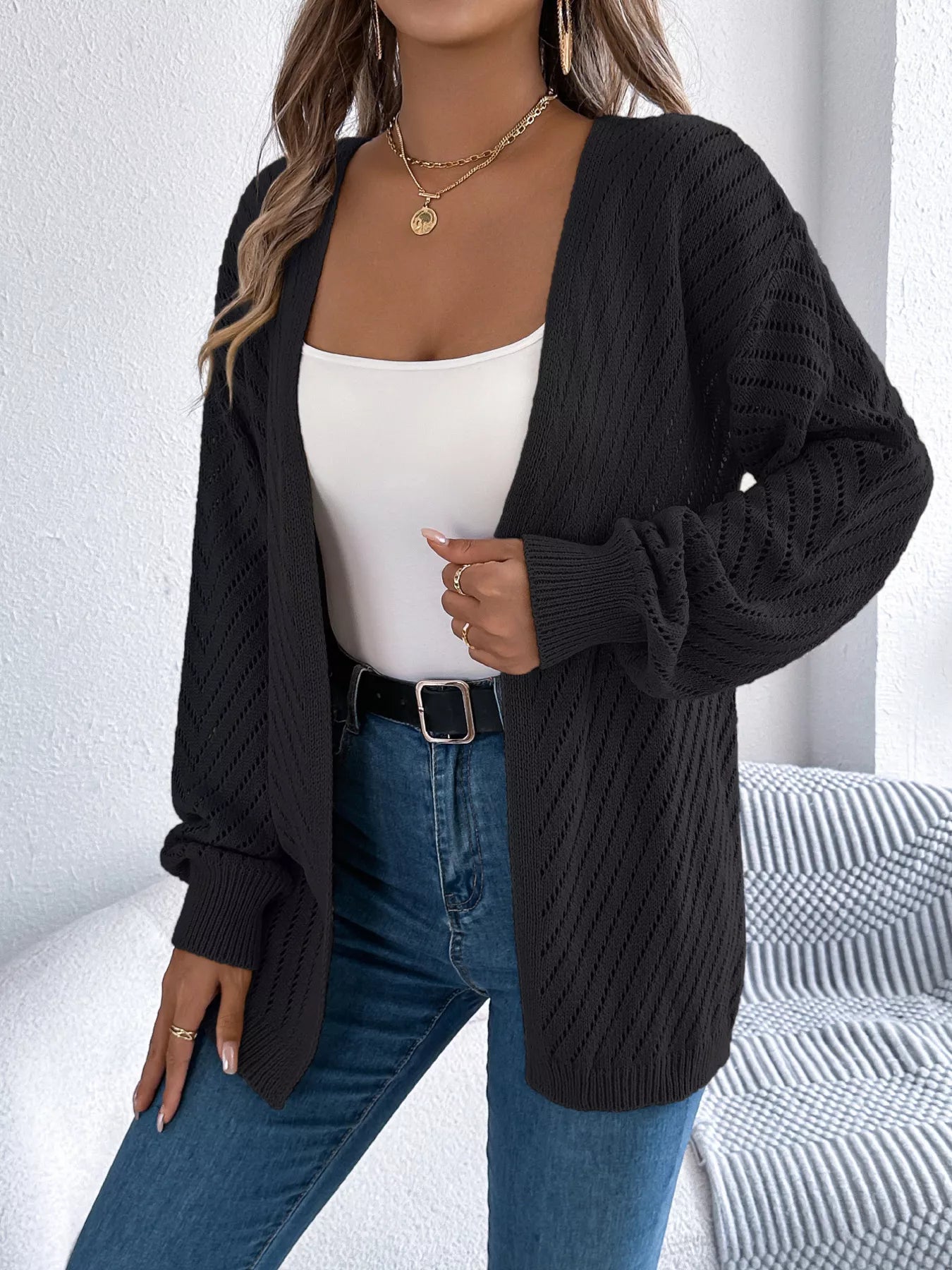 Openwork Open-Front Long Sleeve Cardigan 