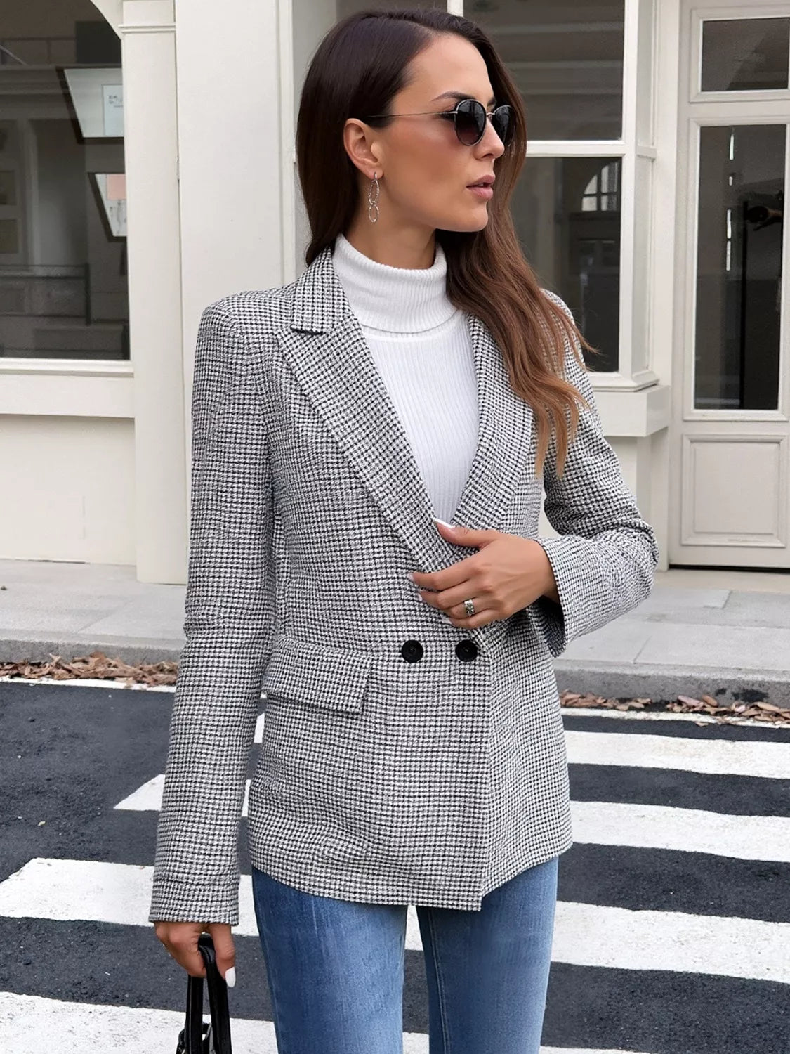 Houndstooth Patterned Double-Breasted Blazer 