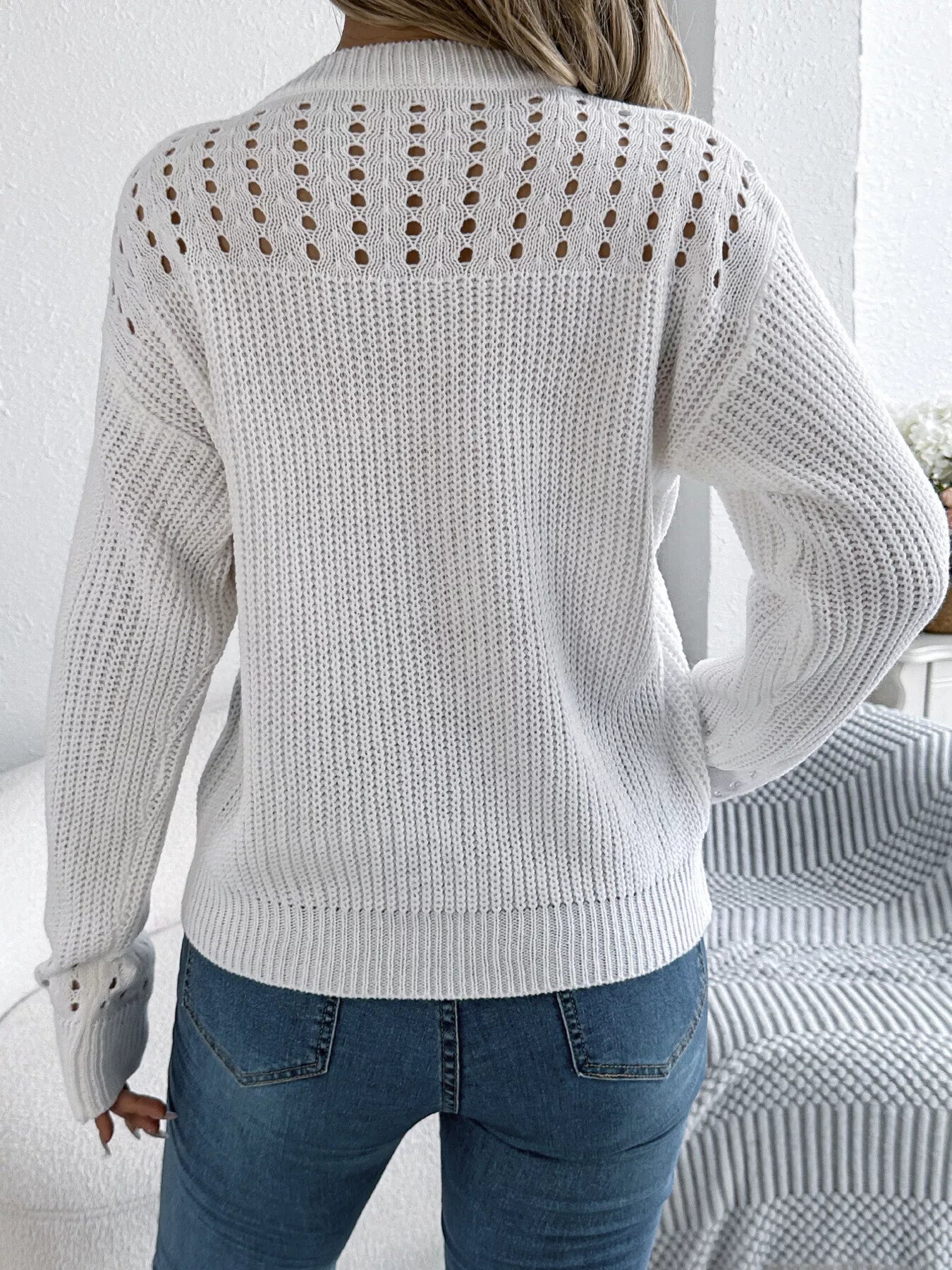 Openwork Round Neck Long Sleeve Sweater 