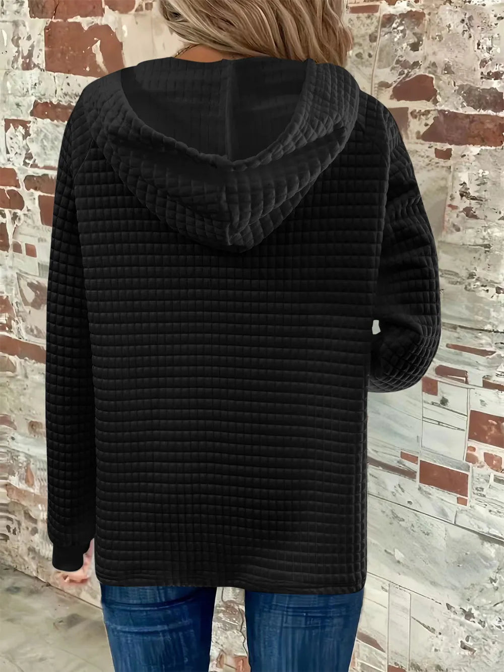 Full Size Texture Button Detail Drawstring Long Sleeve Hoodie 