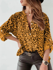Full Size Leopard Print Roll-Tab Sleeves Blouse Plus Size 