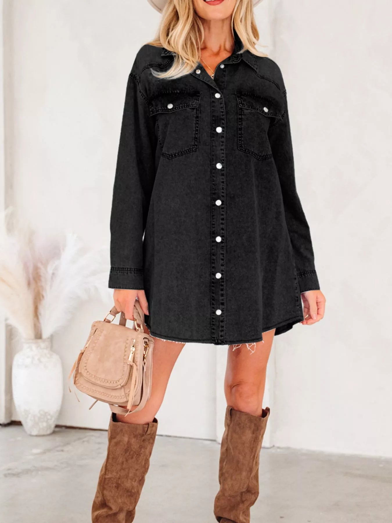 Chest Pocket Raw Hem Denim Loose Shirt Dress 