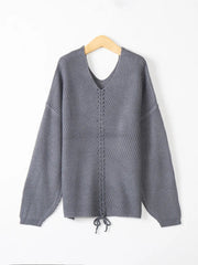 Full Size Lace Up V-Neck Long Sleeve Sweater 