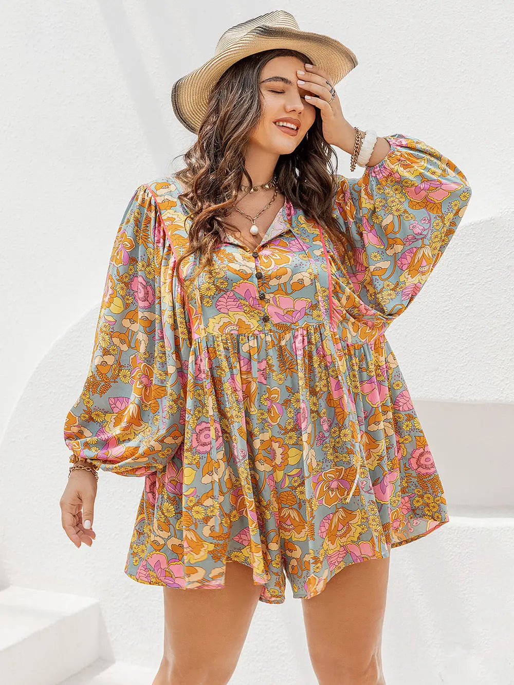 Plus Size Floral Tie Neck Balloon Sleeve Romper 