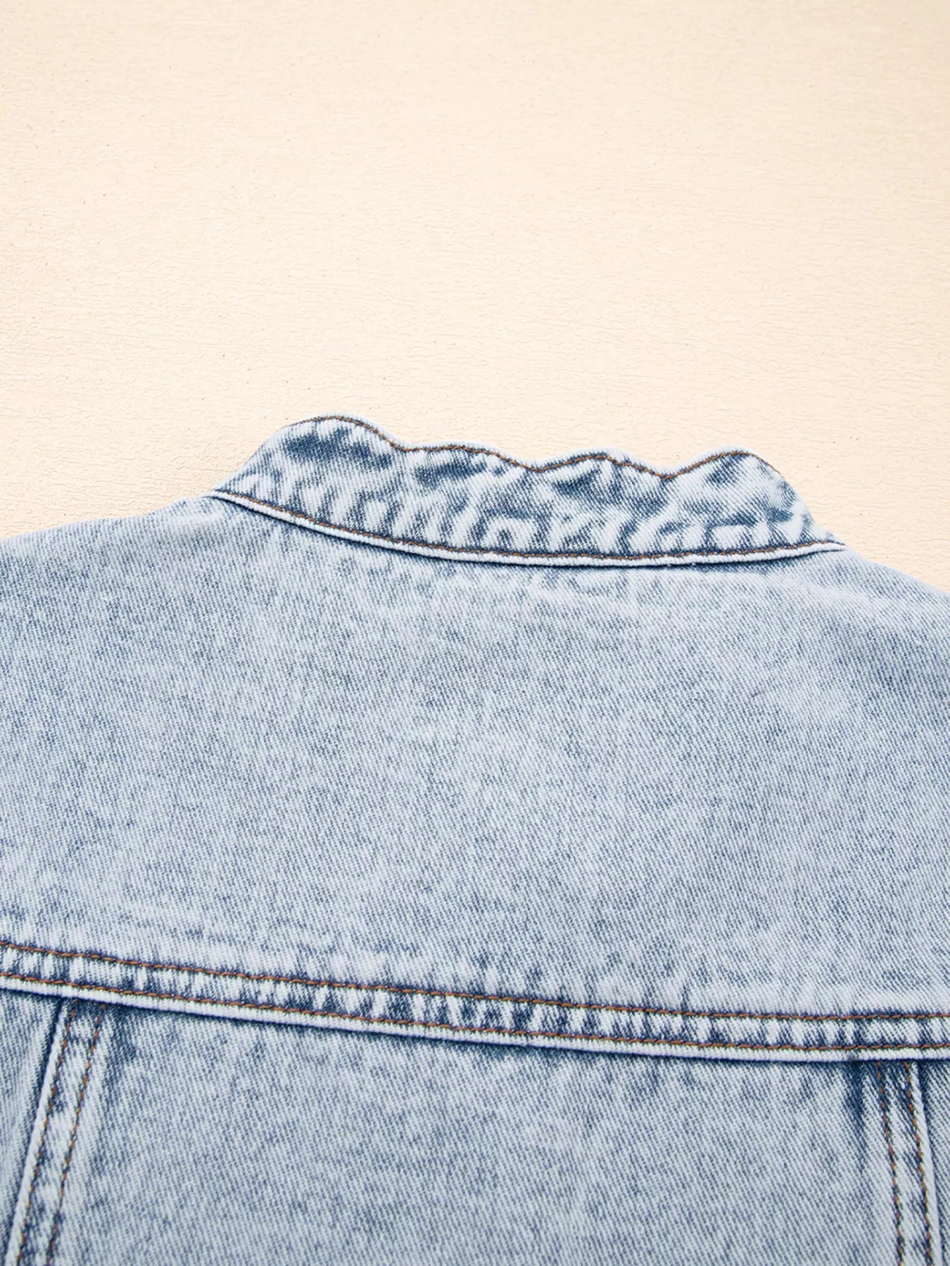 Scalloped Trim Patch Pocket Button Front Denim Vest 