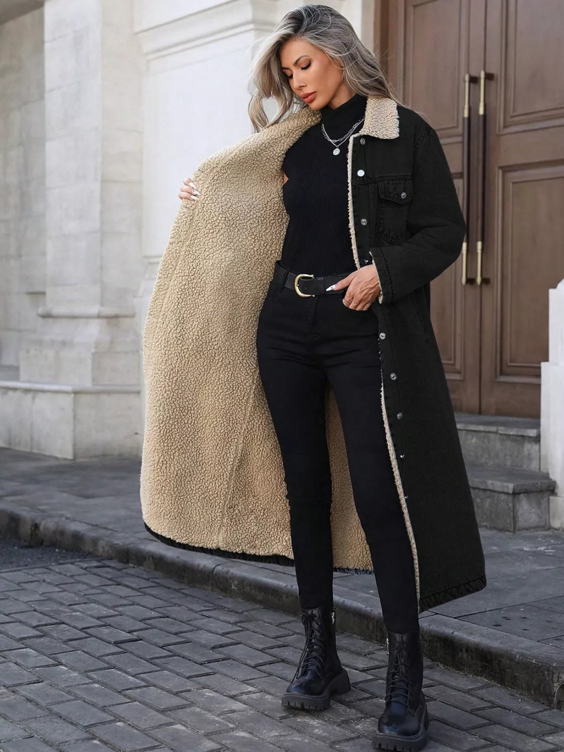 Sherpa Lined Longline Denim Jacket 