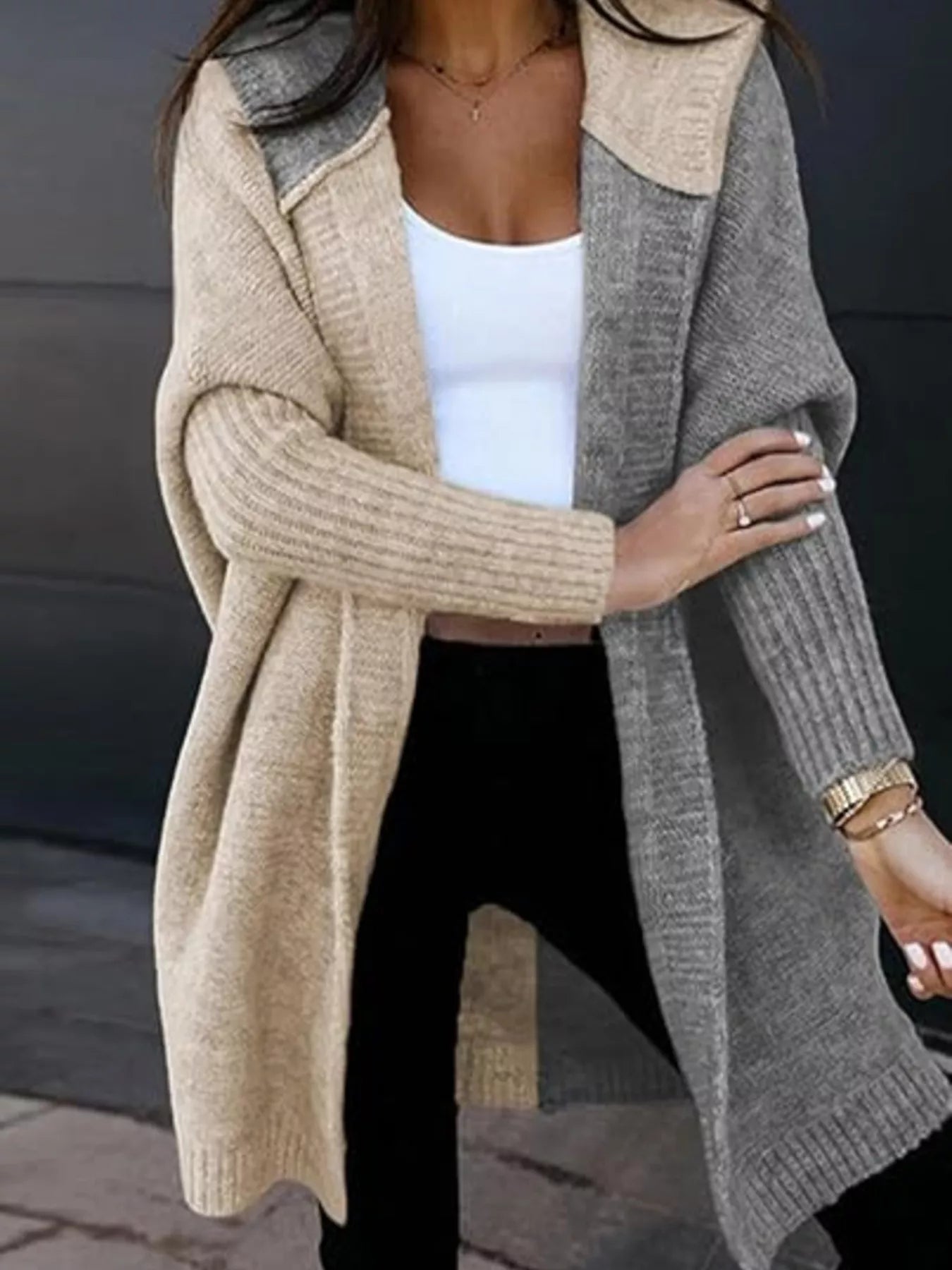 Two-Tone Open Front Knit Hooded Cardigan 