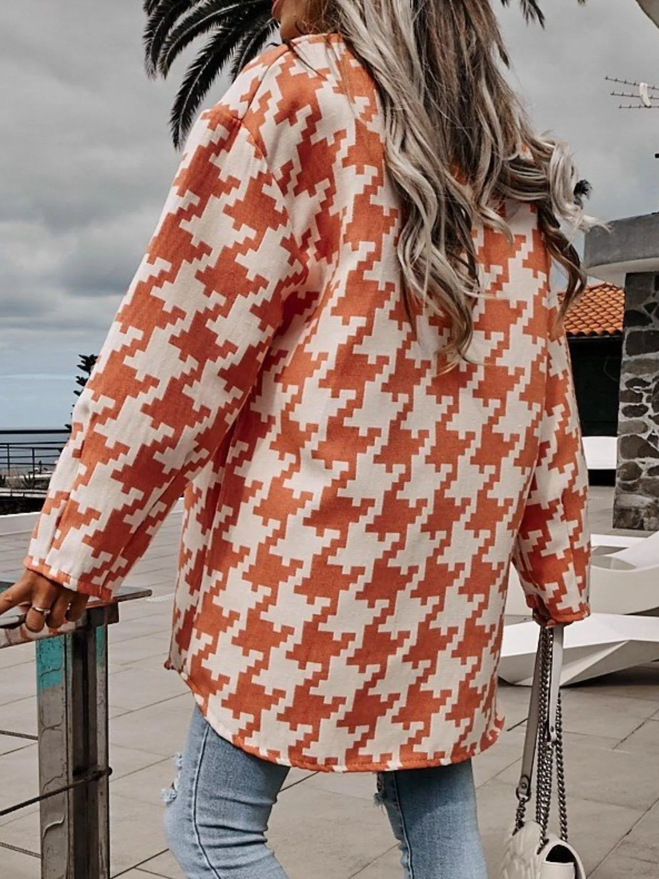Houndstooth Button Up Long Sleeve Outerwear 