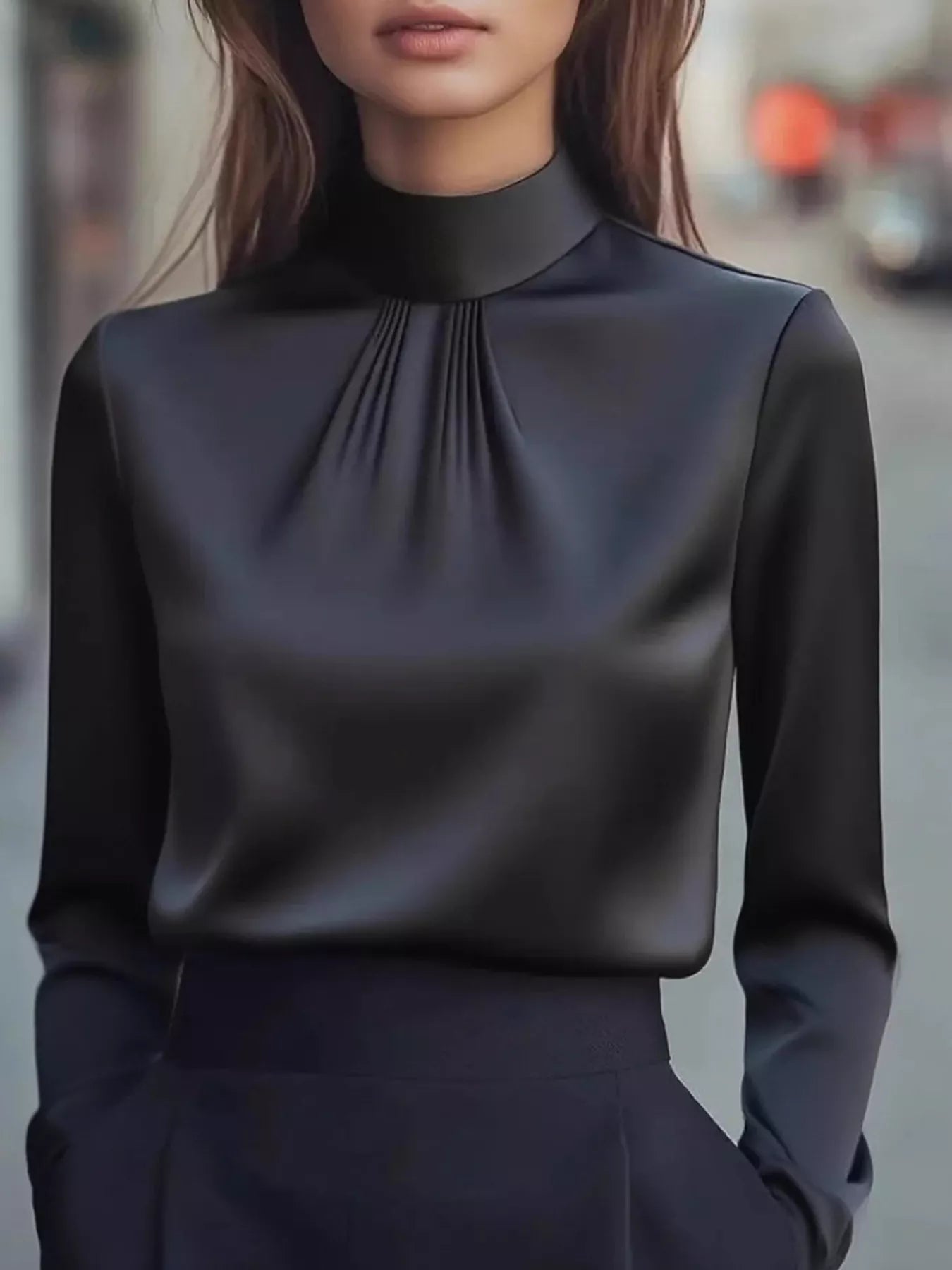 Mock Neck Long Sleeve Blouse with Pleated Detail 