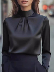 Mock Neck Long Sleeve Blouse with Pleated Detail 