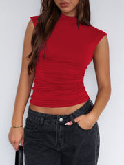 Ruched Mock Neck Sleeveless Tank Top 