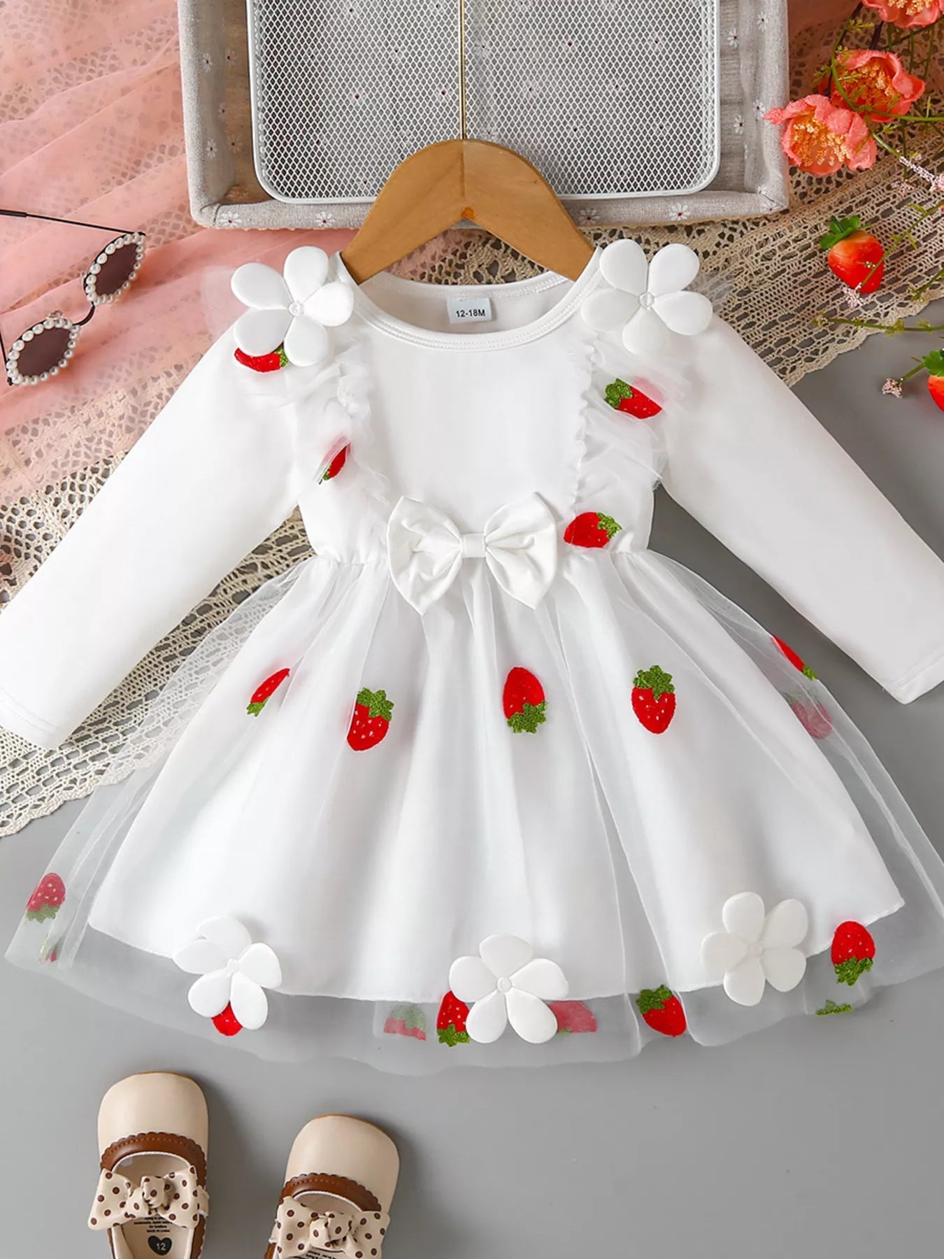 Children's Bow Decor Ruffle Trim Dress 