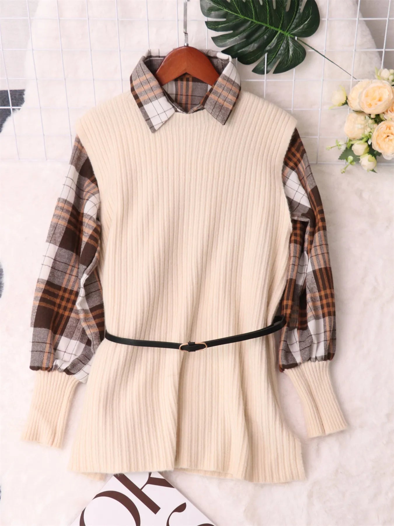 Plaid Long Sleeve Sweater Dress 
