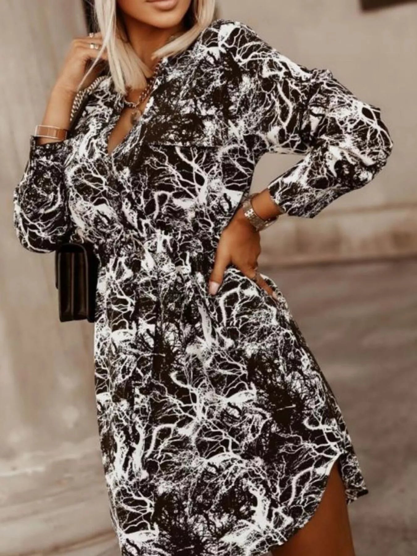 Printed Button Front Long Sleeve Dress 
