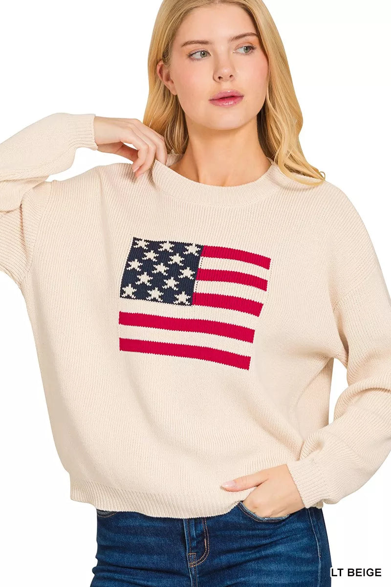 Zenana American Flag Crew Neck Sweater 
