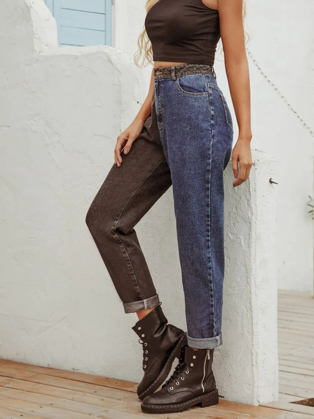 Two Tone Straight Leg Jeans 