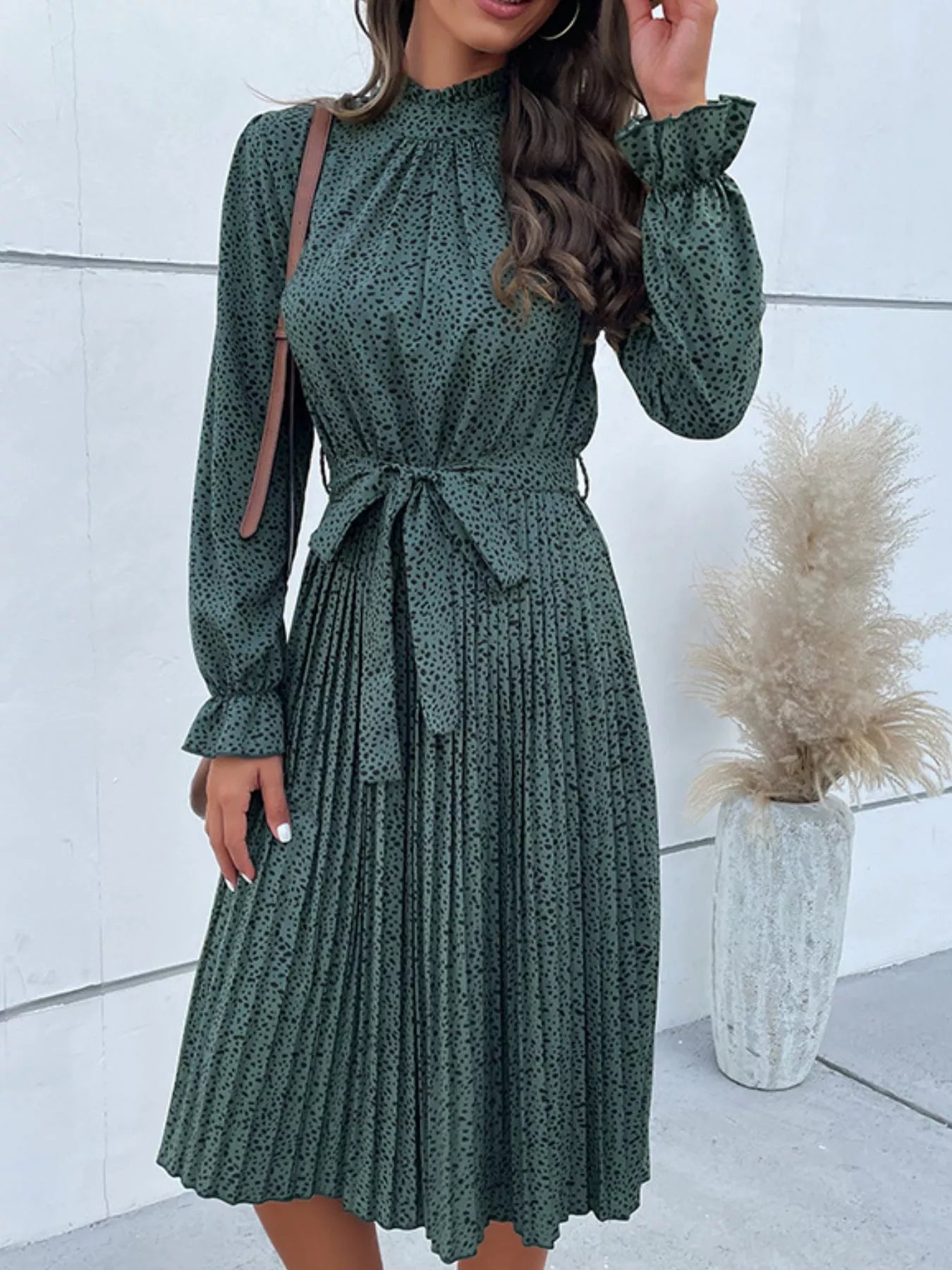 Animal Print Mock Neck Flounce Sleeve Dress 