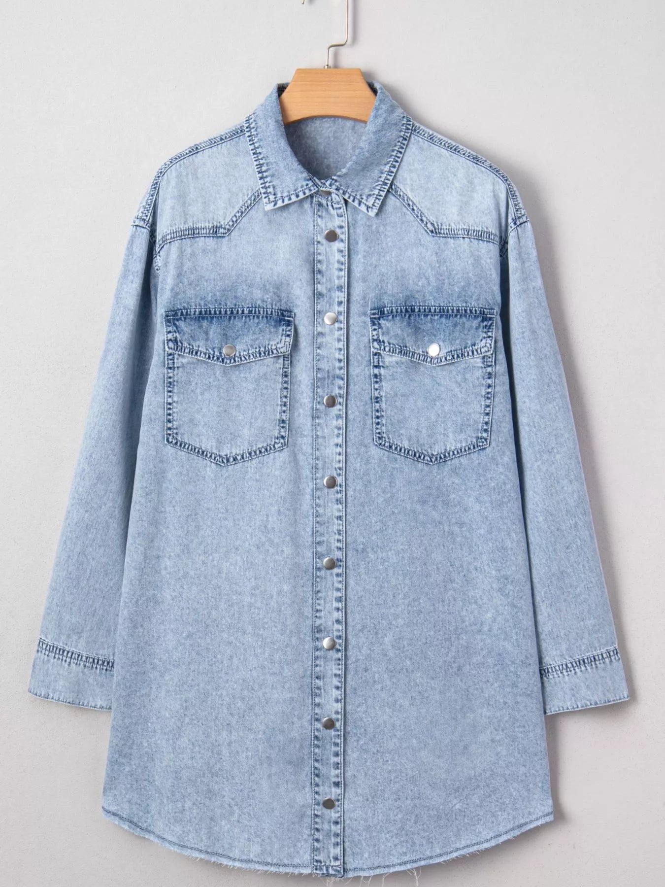 Chest Pocket Raw Hem Denim Loose Shirt Dress 