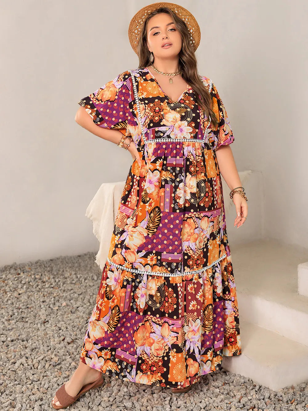 Plus Size Printed V-Neck Half Sleeve Maxi Dress 