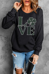 LOVE Rhinestone Clover Round Neck Sweatshirt 