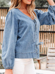 Tied Front Puff Sleeve Denim Top 