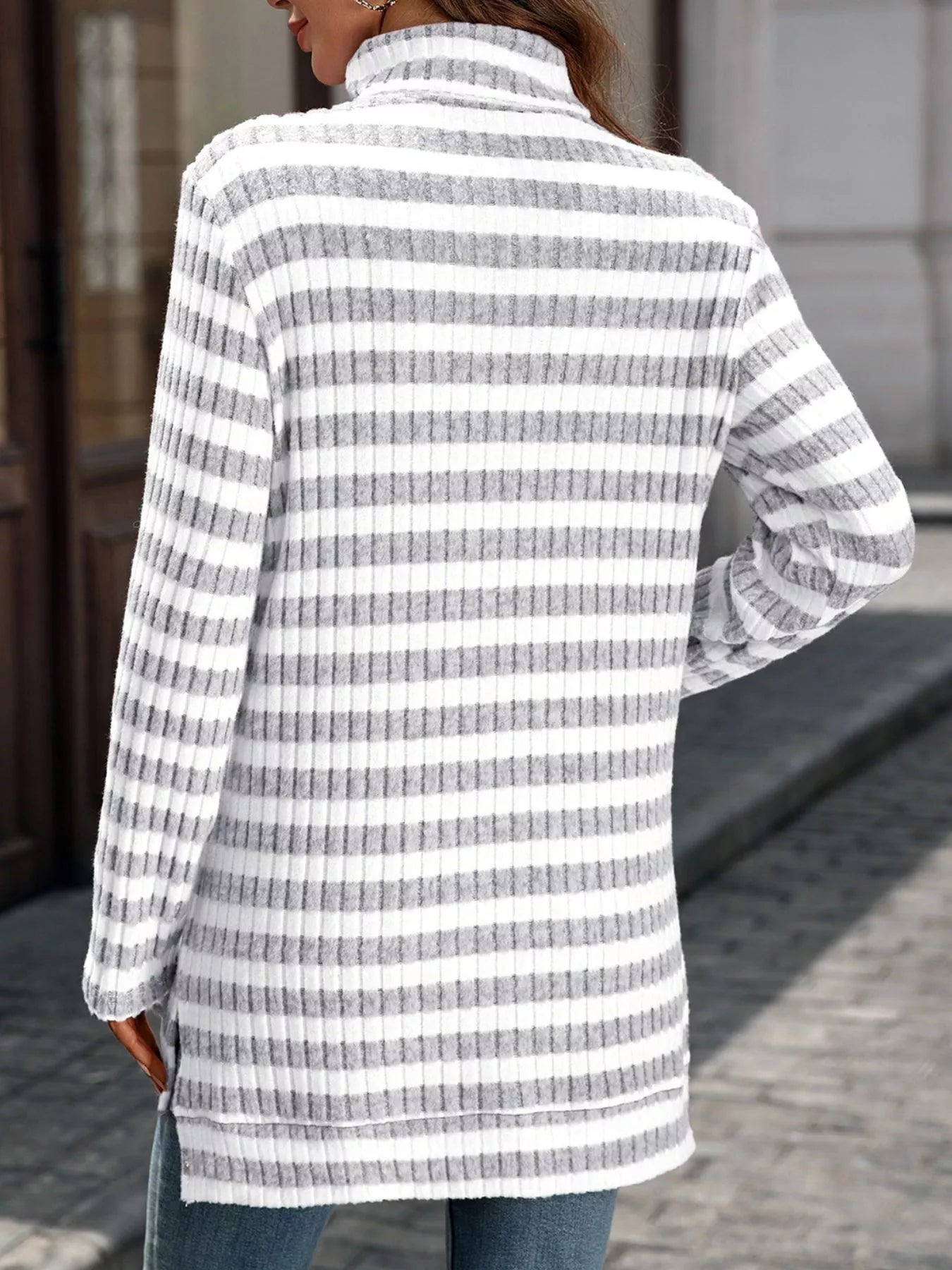 Striped Turtleneck Long Sleeve Knit Top 