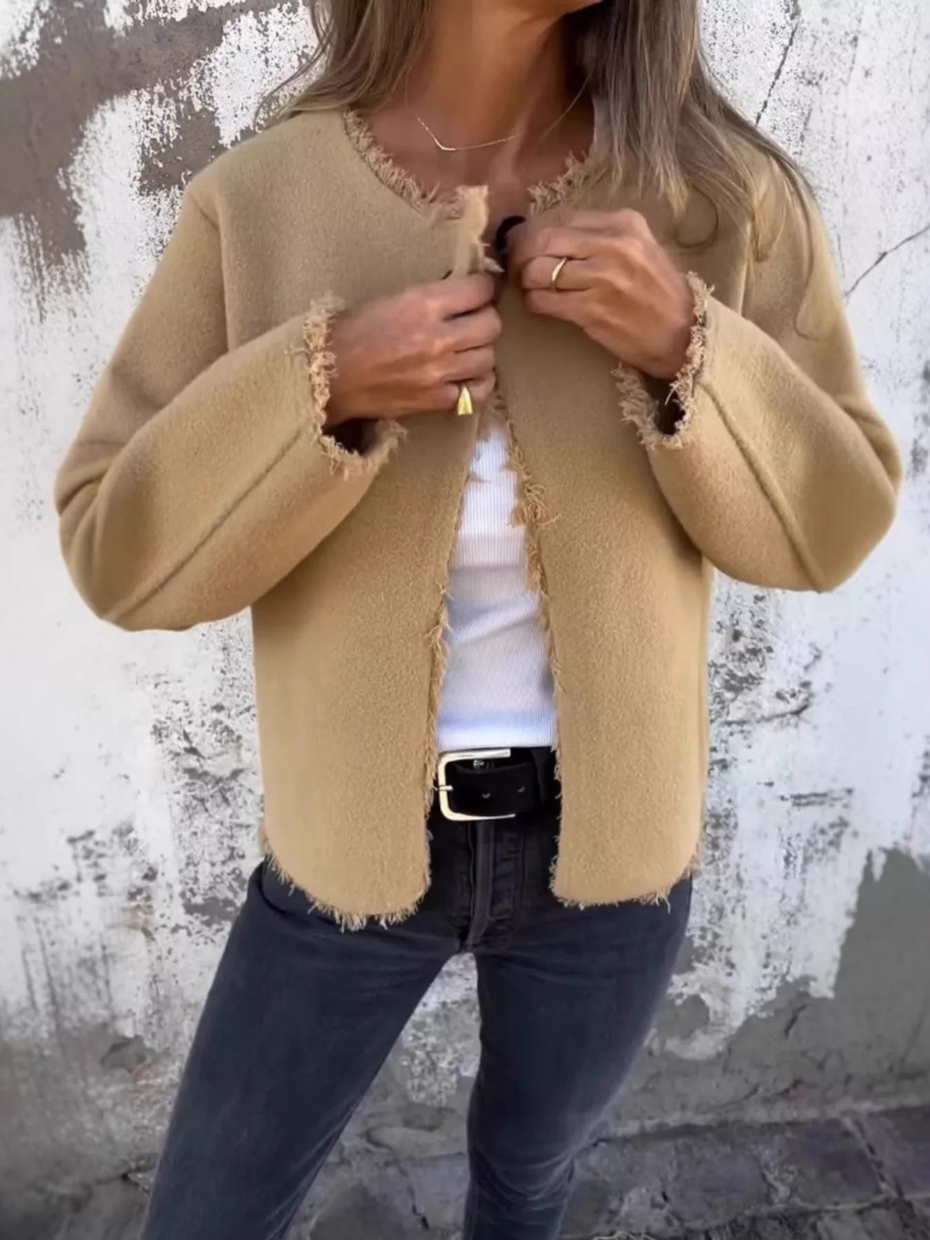 Full Size One Button Frayed Edge Cardigan Plus Size 