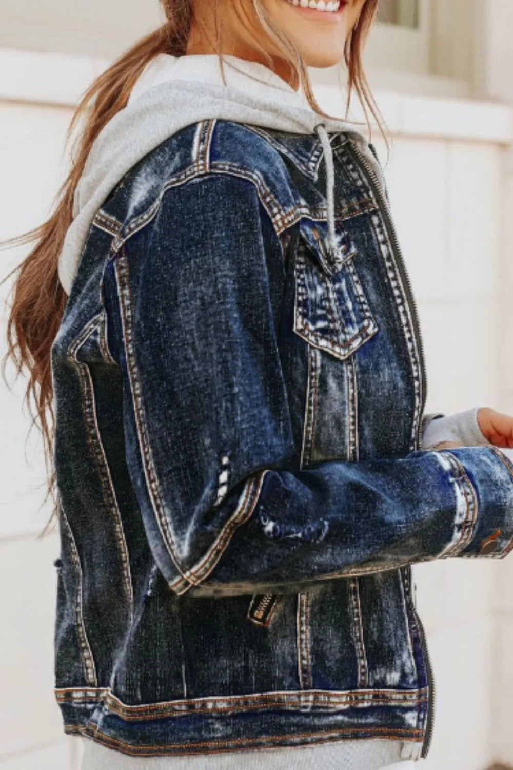 Fake Two-Piece Hooded Zip-Up Denim Jacket 