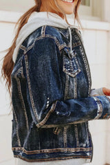 Fake Two-Piece Hooded Zip-Up Denim Jacket 