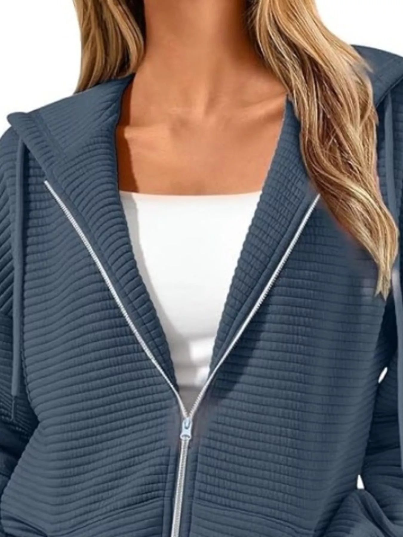 Drawstring Zip Up Dropped Shoulder Hoodie 