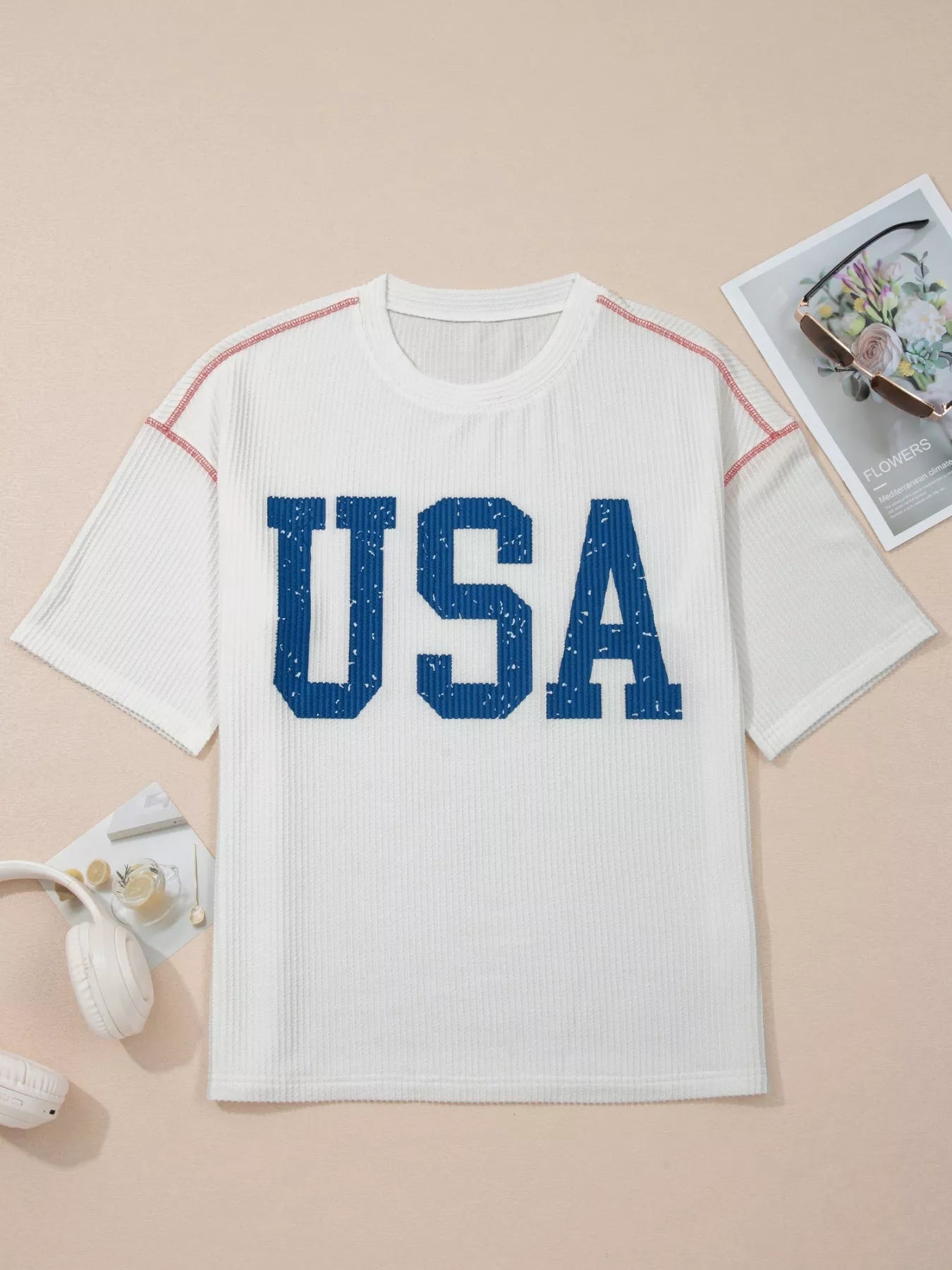 USA Graphic Half Sleeve Loose Ribbed Top 