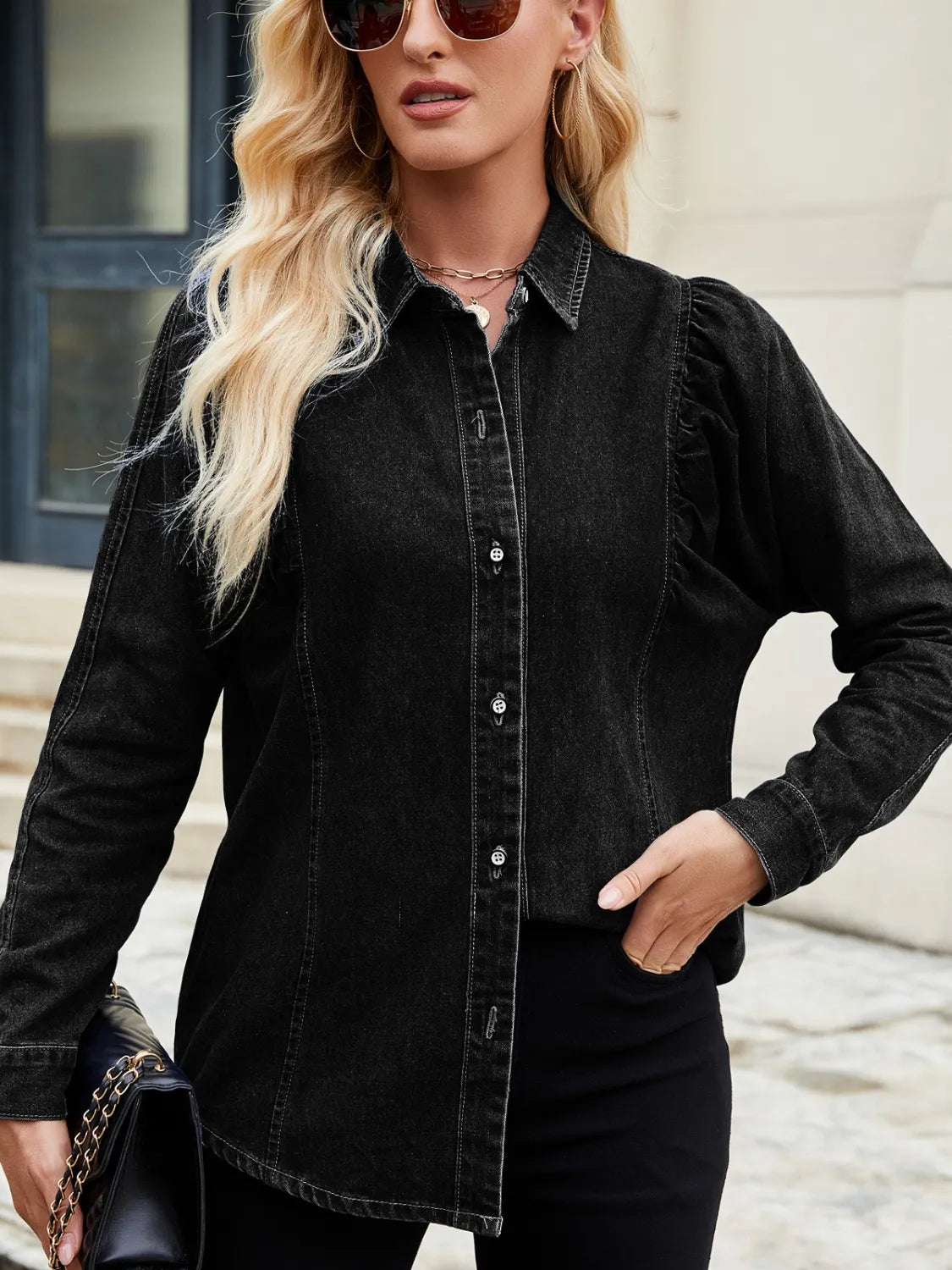 Button Down Collared Neck Denim Shirt 