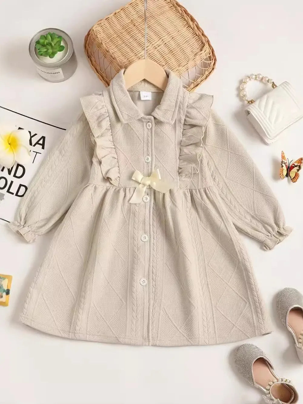 Children's Ruffled Bow Collared Neck Dress 