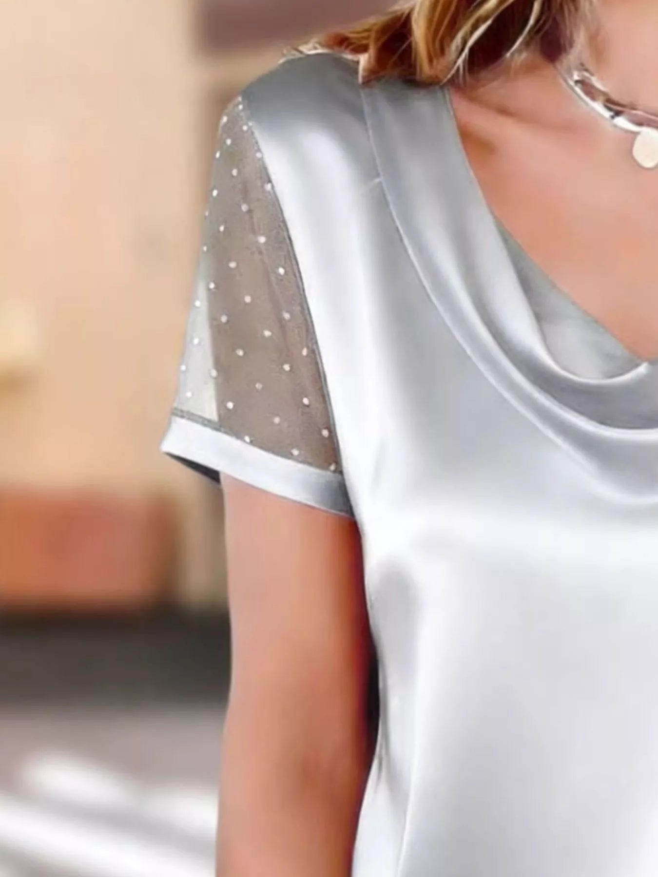 Cowl Neck Polka Dot Short Sleeve Top 