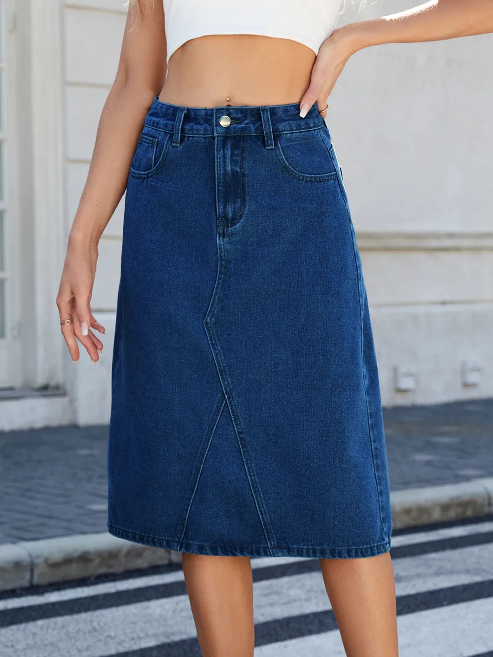 Slit Back Midi Denim Skirt 