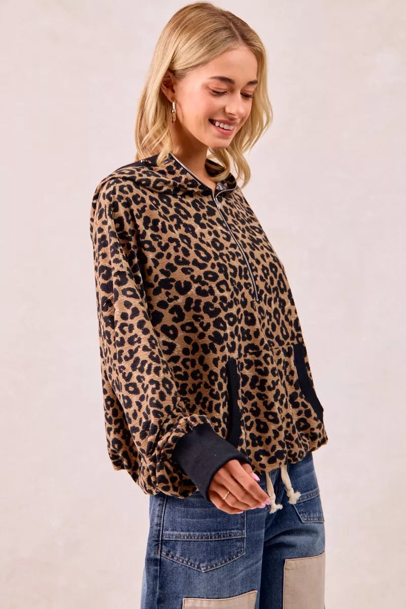 BiBi Leopard Print Waffle Half Zip Up Hoodie W Pocket 