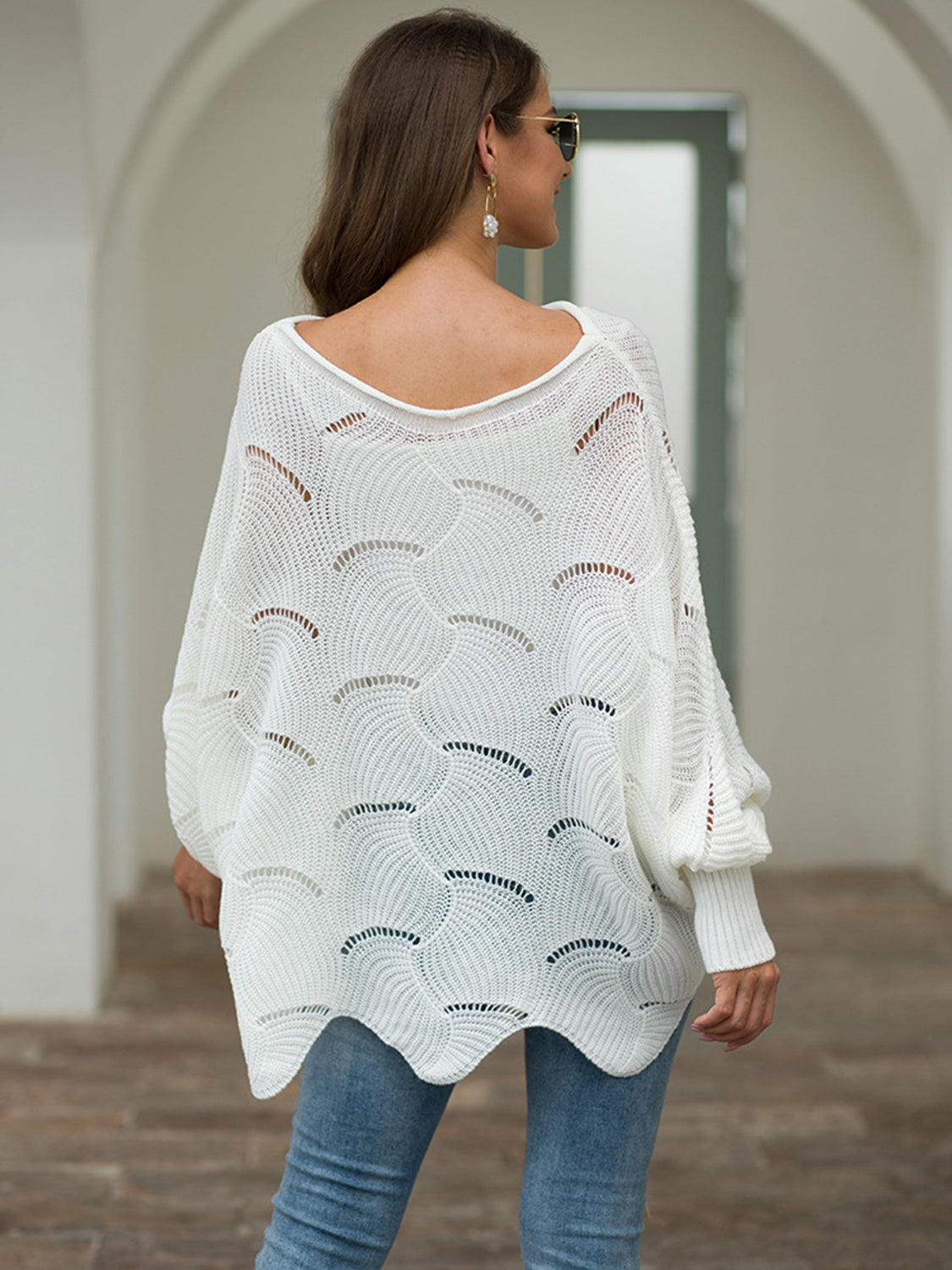 Full Size Boat Neck Lantern Sleeve Openwork Knit Top 