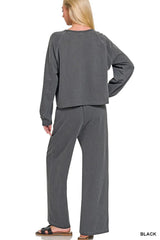 Zenana Washed F/terry Round Neck Pullover & Pants Set 