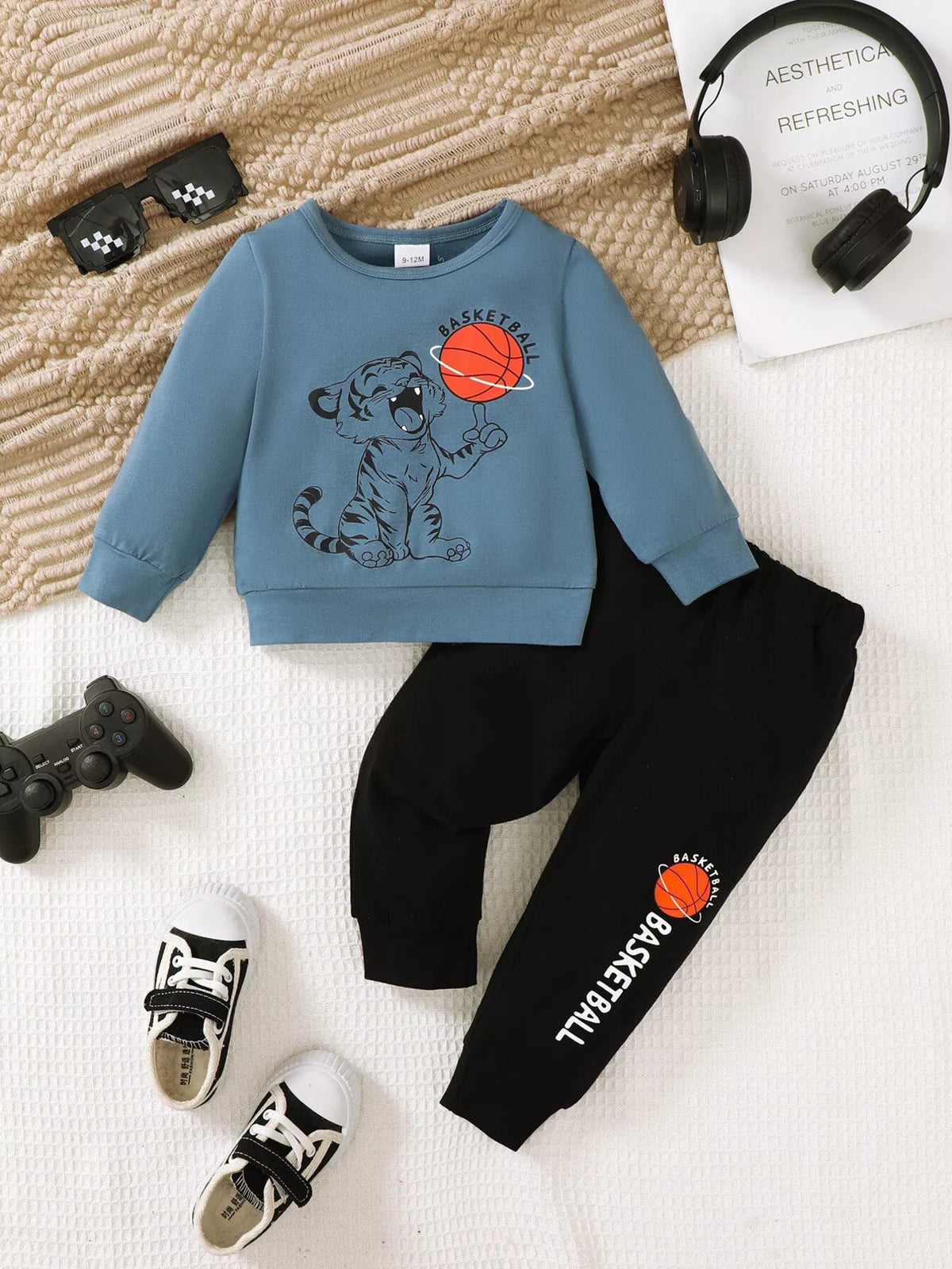 Children's Tiger Basketball Graphic Top and Pants Casual Set 