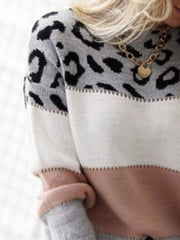 Full Size Leopard Color Block Long Sleeve Sweater Plus Size 