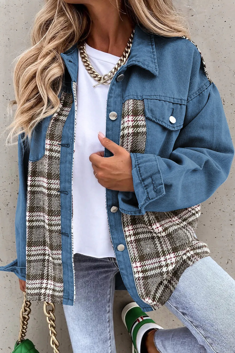 Plaid Pocketed Button Up Denim Jacket 